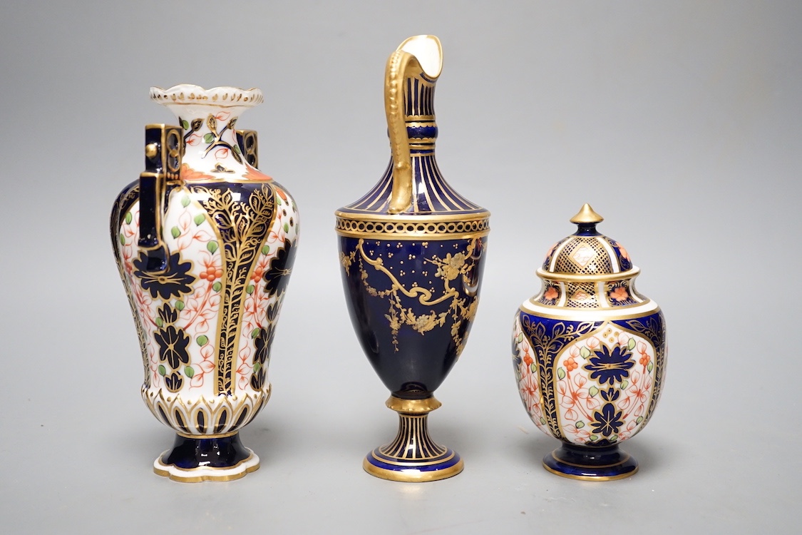 Royal Crown Derby Imari - a vase and cover and a two handled vase and a similar ewer, Tallest 19cm